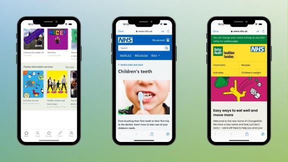 Three smartphone screens, showing various functions of the EasyPeasy app
